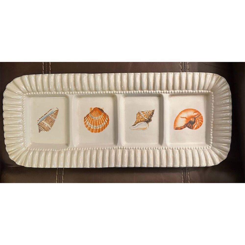 Nantucket Shell Themed Nautical Divided Serving Tray Coastal Decor - White